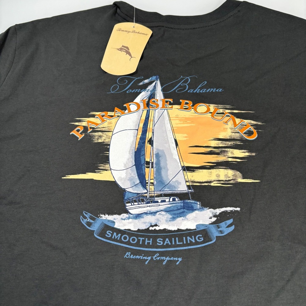 Tommy Bahama‎ Mens XL Coal Grey Graphic T-Shirt NEW Paradise Bound Sailboat